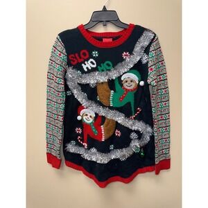 Joyland Slo Ho Ho Ugly Christmas Sweater Mens Medium Black Sloth 3D Tinsel Knit